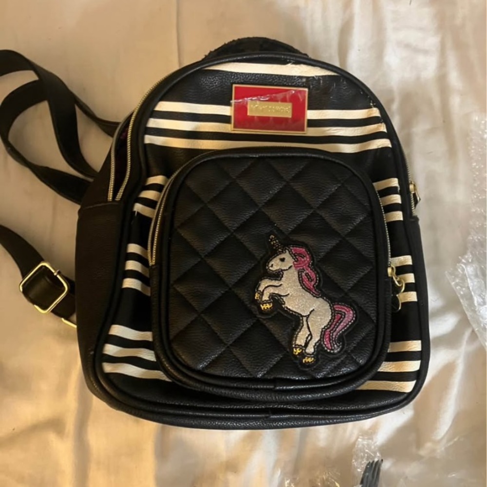 Quilted Betsey Johnson Black Mini Backpack Unicorn Patch